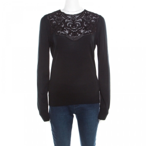 Pre Owned Dolce and Gabbana Black Floral Embroidered Lace Overlay Sweater M
