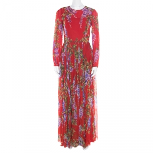 Pre Owned Dolce and Gabbana Red Floral Printed Silk Long Sleeve Maxi Dress M