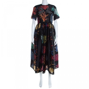 Pre Owned Dolce and Gabbana Black Coral Printed Silk Embellished Bow Detail Maxi Dress S