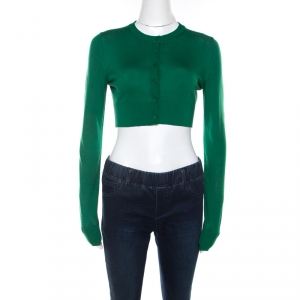 Pre Owned Dolce & Gabbana Green Silk Rib Knit Button Front Cropped Cardigan XS