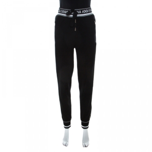Pre Owned Dolce & Gabbana Black Stretch Cotton Logo Panel Detail Jogger Pants M