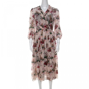 Pre Owned فستان دولتشي أند غابانا حرير طباعة موردة وقطة بكشكشات M