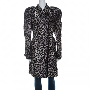 Dolce and Gabbana Grey Leopard Pattern Textured Silk Puff Sleeve Trench Coat L
