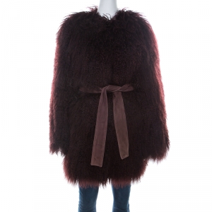 Dolce & Gabbana Burgundy Lamb Shearling Fur Belted Mongolian Coat S