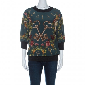 Pre Owned Dolce and Gabbana Green Key Print Silk & Wool Three Quarter Balloon Sleeve Jumper XS