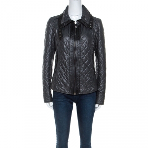 Pre Owned Dolce & Gabbana Dark Green Leather Trim Quilted Biker Jacket M