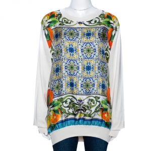 Pre Owned Dolce & Gabbana Cream Majolica Print Silk Paneled Sweatshirt M
