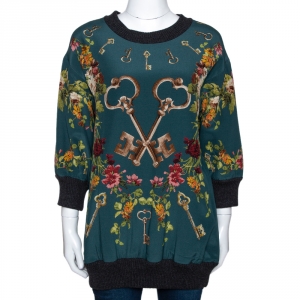 Pre Owned Dolce & Gabbana Green Key Print Silk Three Quarter Balloon Sleeve Jumper S