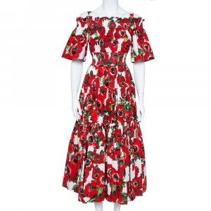 Dolce & Gabbana Red Cotton Floral Print Off shoulder Dress S
