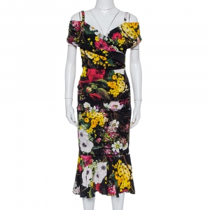 Pre Owned Dolce & Gabbana Black Floral Printed Silk Cold Shoulder Ruched Midi Dress S