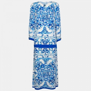 Pre Owned Dolce & Gabbana Blue and White Majolica Printed Silk Embellished Button Maxi Dress M