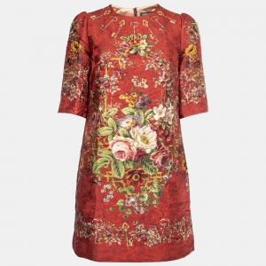 Pre Owned Dolce & Gabbana Red Floral Jacquard Shift Dress S   
