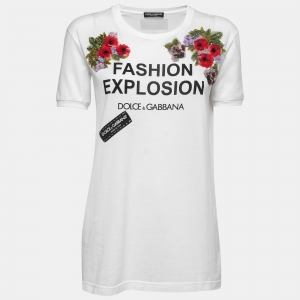 Pre Owned Dolce & Gabbana White Cotton Fashion Explosion Print Embroidered T-Shirt S