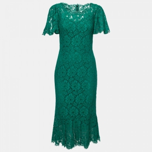 Pre Owned Dolce & Gabbana Green Lace Flutter Sleeve Midi Dress M