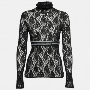 Pre Owned Dolce & Gabbana Black Lace Logo Band Detail Turtleneck Top M