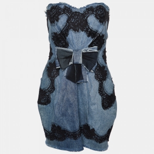 Pre Owned Dolce & Gabbana Blue Denim & Lace Trim Strapless Mini Dress M