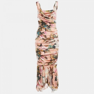 Pre Owned Dolce & Gabbana Pink Floral Printed Silk Ruched Midi Dress M