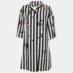 Dolce & Gabbana Black Striped Canvas Crystal Embellished Overcoat M