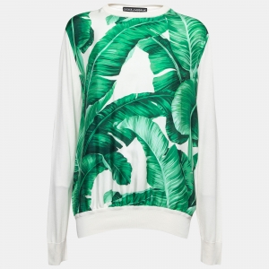Pre Owned Dolce & Gabbana White Banana Leaf Print Silk & Knit Pullover M