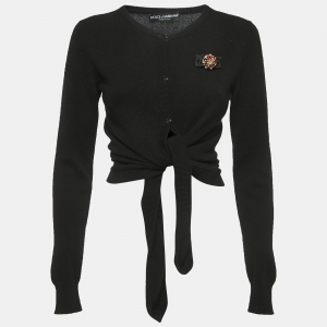 مملوكة مسبقًا Dolce & Gabbana Black Cashmere Brooch Detailed Tie Front Cardigan M