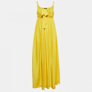 Pre Owned Dolce & Gabbana Yellow Satin Silk Gathered Tie-Up Neck Maxi Dress M