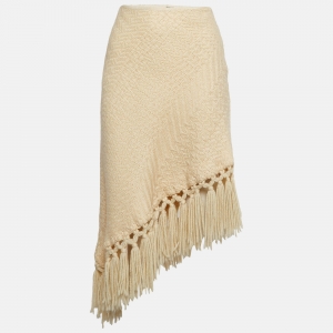 Pre Owned Dolce & Gabbana Cream Chunky Knit Tassels Detail Asymmetric Midi Skirt S