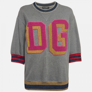مملوكة مسبقًا Dolce & Gabbana Grey DG Applique Cotton Knit Oversized Sweatshirt XS
