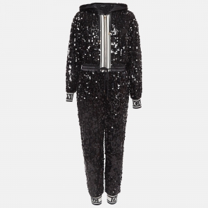 Dolce & Gabbana Black Sequin and Mesh Hooded Jumpsuit S