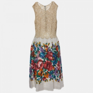 Dolce & Gabbana Beige Floral Print Linen & Lace Sleeveless Dress M