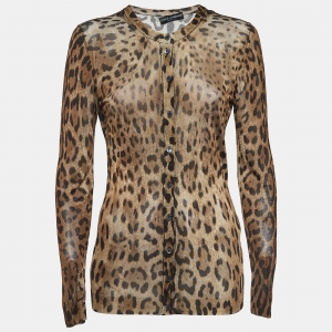 Dolce & Gabbana Brown Leopard Print Jersey Buttoned Cardigan S