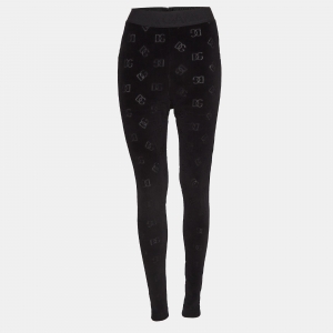 Dolce & Gabanna Black Logo Patterned Velvet Leggings S