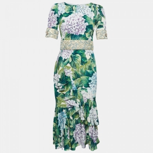 Pre Owned Dolce & Gabbana Green Hydrangea Printed Silk Ruffled Midi Dress S