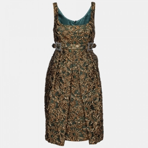 Dolce & Gabbana Green/Gold Floral Brocade Sleeveless Dress M