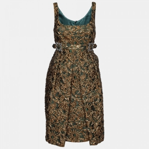 Pre Owned Dolce & Gabbana Green/Gold Floral Brocade Sleeveless Dress M