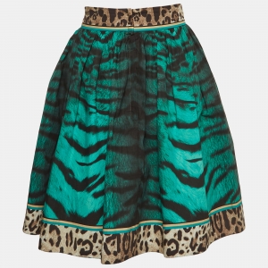 Pre Owned Dolce & Gabbana Green Tiger Print Cotton Gathered Mini Skirt M
