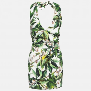 Pre Owned Dolce & Gabbana Green Floral Print Crepe Halter Neck Mini Dress S