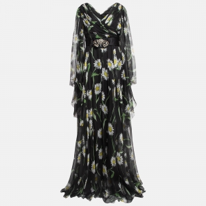 Pre Owned Dolce & Gabbana Black Sunflower Print Silk Crystal Belt Long Dress L