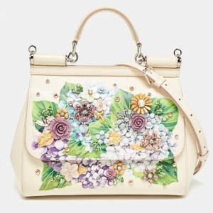 Pre Owned Dolce & Gabbana Cream Leather Medium Hydrangea Crystals Sicily Top Handle Bag