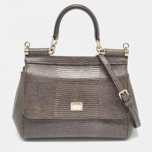 Pre Owned Dolce & Gabbana Grey Lizard Embossed Leather Small Miss Sicily Top Handle Bag