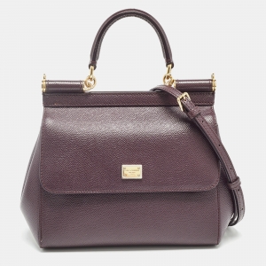 Pre Owned Dolce & Gabbana Dark Burgundy Leather Small Miss Sicily Top Handle Bag