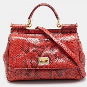 Pre Owned Dolce & Gabbana Red Python Medium Miss Sicily Top Handle Bag