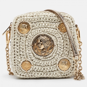Pre Owned Dolce & Gabbana Beige/Gold Woven Raffia Coin Patch Crossbody Bag