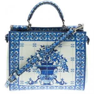 مملوكة مسبقًا Dolce and Gabbana Blue Majolica Print Leather Miss Sicily Shopper Tote