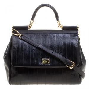 مملوكة مسبقًا Dolce and Gabbana Black Striped Leather Large Miss Sicily Tote