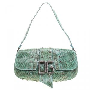 Pre Owned Dolce and Gabbana Turquoise Python Crystal Embellished Shoulder Bag