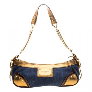 Pre Owned Dolce and Gabbana Blue/Gold Denim and Leather Shoulder Bag 