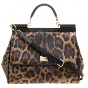 Pre Owned Dolce and Gabbana Leopard Print Coated Canvas Medium Miss Sicily Tote