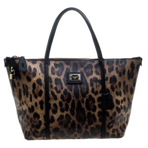 Pre Owned Dolce & Gabbana Beige Leopard Print PVC Miss Escape Tote