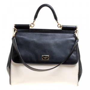 مملوكة مسبقًا Dolce and Gabbana Off White/Black Leather Large Miss Sicily Top Handle Bag