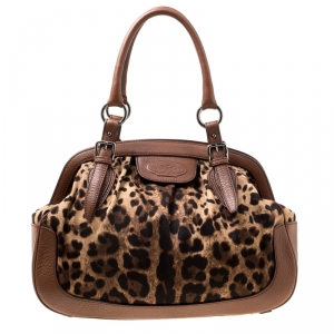 Pre Owned Dolce & Gabbana Brown Leopard Print Fabric and Leather Animalier Satchel
